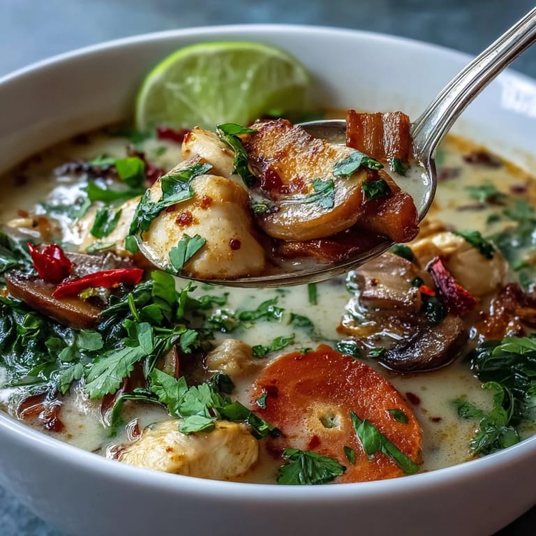Thai Coconut Curry Soup served with jasmine rice in a white bowl, garnished with red chili slices and fresh herbs. 