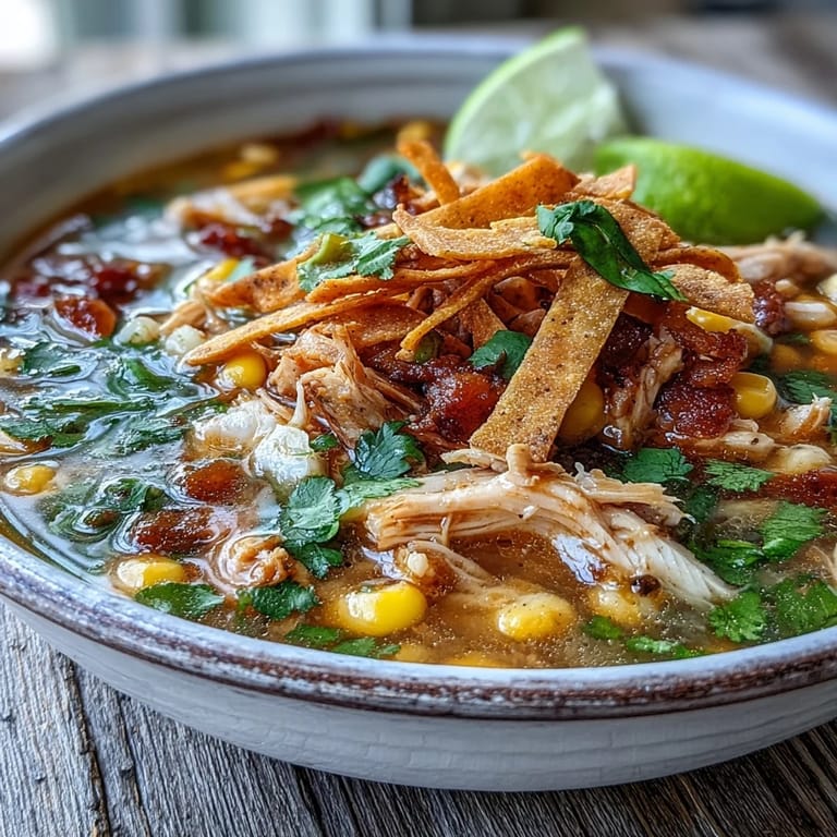 Steaming Best Chicken Tortilla Soup served with crunchy tortilla strips, creamy avocado, shredded cheese, and sour cream.