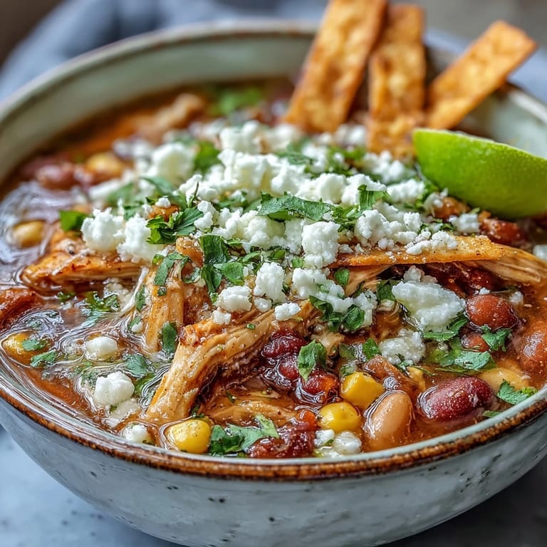 Freshly prepared Chicken Tortilla Soup garnished with avocado slices and a lime wedge, showcasing the rich, savory broth and toppings.