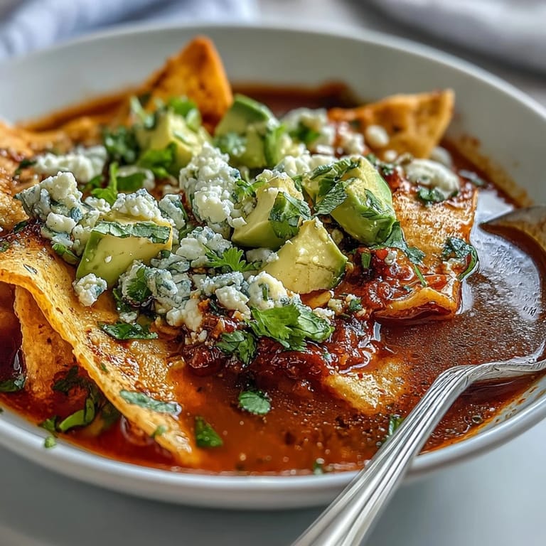 Steaming Sopa Azteca featuring rich tomato-chile broth, crunchy tortilla strips, and vibrant avocado and cheese garnishes.