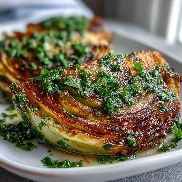 Cabbage Steaks With Jalapeño Chimichurri plated with fresh herbs and vibrant green sauce.