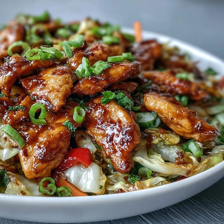 Tender chicken and shredded cabbage stir-fry with vibrant red bell peppers and green onions, served steaming hot.