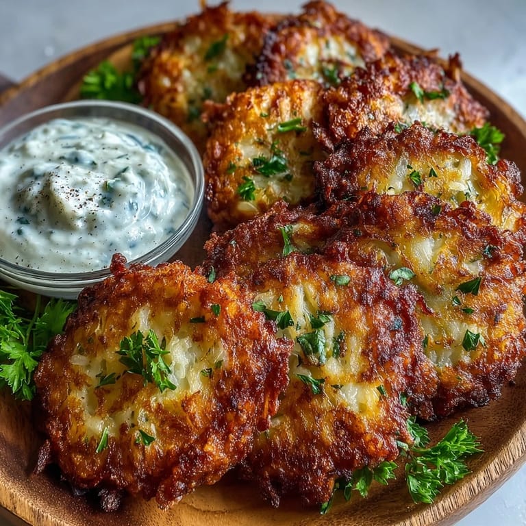 A close-up shot of Cabbage Fritters With Dipping Sauce highlights a crunchy texture and creamy yogurt sauce with fresh herbs.