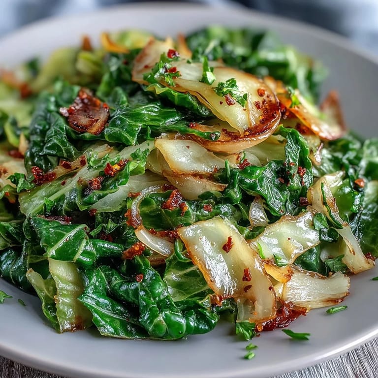 Tender green cabbage sautéed with garlic and Mediterranean spices, garnished with fresh parsley and lemon wedges on a rustic plate.