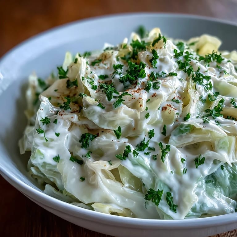Tender cabbage tossed in a light, creamy nutmeg sauce in a white bowl, garnished with chopped fresh parsley.