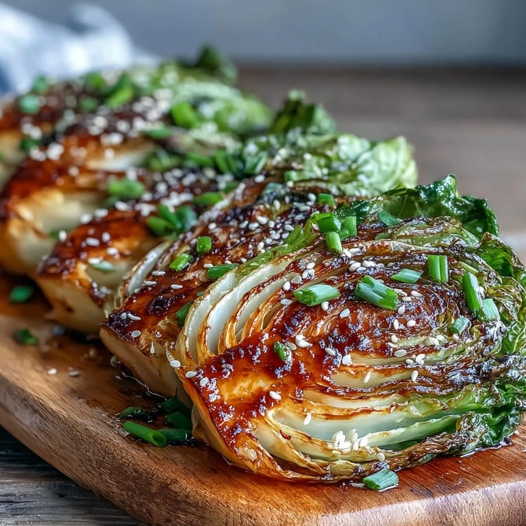 Tender cabbage wedges glazed with savory miso butter and honey on a baking tray ready to serve.