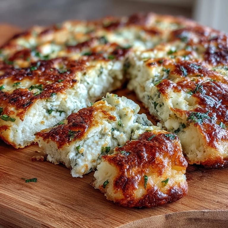 Freshly cooked Fluffy Cottage Cheese Flatbread topped with herbs and cheese, ready to slice and serve.