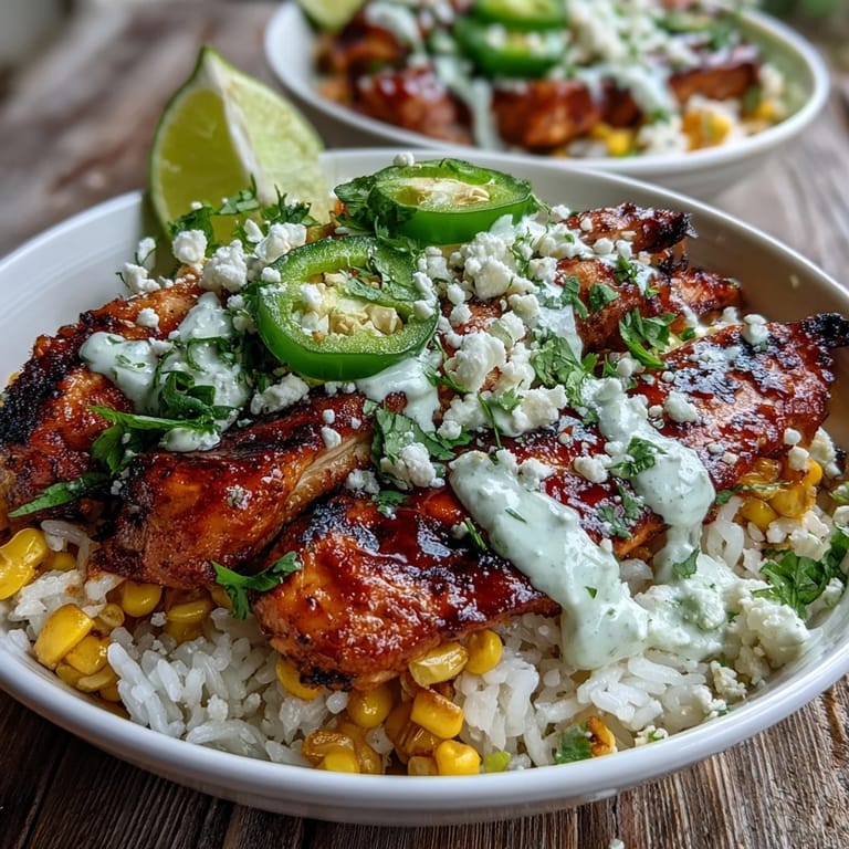 A vibrant bowl of Street Corn Chicken and Rice Bowls features juicy grilled chicken, golden corn, and fresh cilantro, ready for a quick weeknight dinner. 