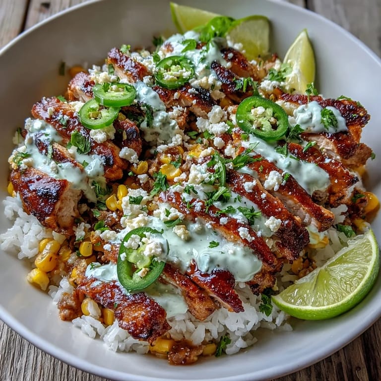 Spoon-ready Street Corn Chicken and Rice Bowls with creamy white crema drizzled over tender rice, chicken, and spicy jalapeños, inspired by Mexican street food.