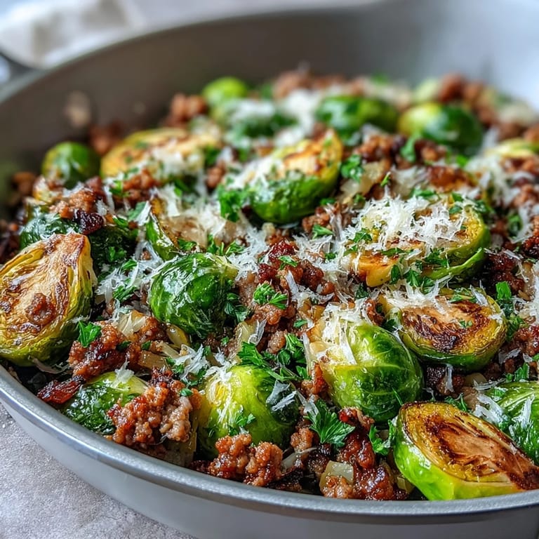 Garlic and paprika-seasoned Brussels sprouts and ground turkey finish with lemon and Parmesan in a one-pan meal.