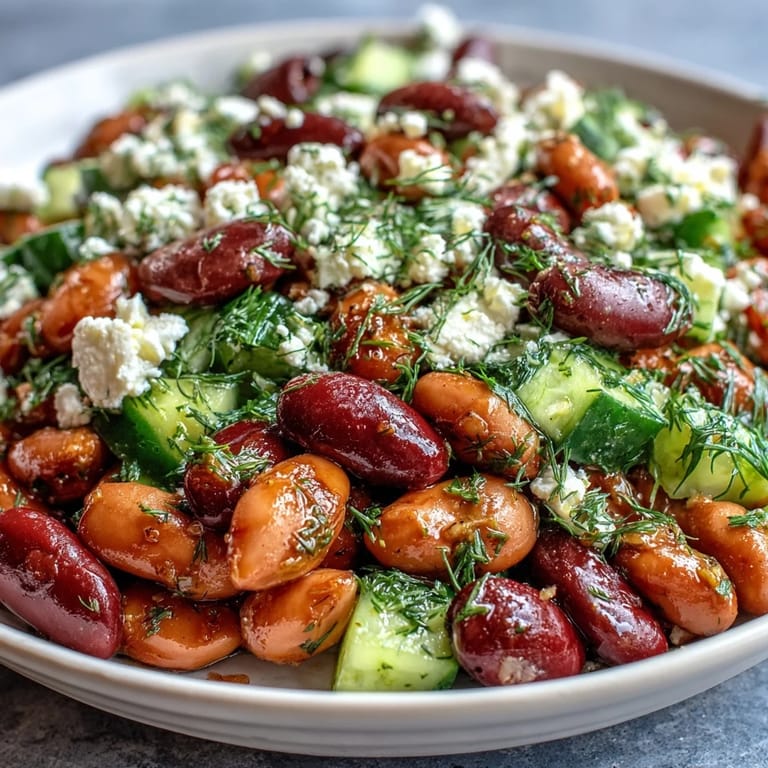 Tangy Greek Bean Salad with marinated beans, crunchy vegetables, and creamy feta, perfect for a gluten-free vegetarian picnic or potluck.