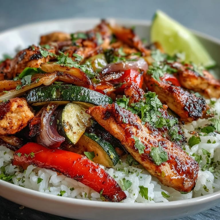 A close-up view of a sizzling Sheet Pan Fajita Bowl featuring tender chicken strips and colorful vegetables straight from the oven.