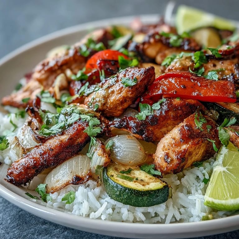 Healthy Sheet Pan Fajita Bowl with cauliflower rice, lime wedges, and pico de gallo, showcasing a vibrant Tex-Mex dinner for four.