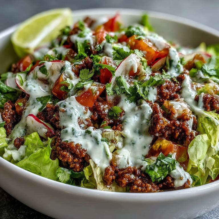Healthy Taco Bowl topped with creamy lime yogurt crema, diced tomatoes, and sliced radishes, ready to serve for dinner.