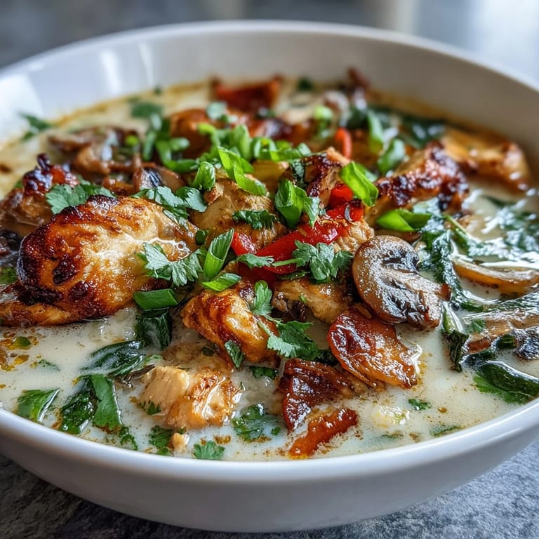 Thai Coconut Curry Soup Bowl is garnished with cilantro and chilis next to lime wedges.