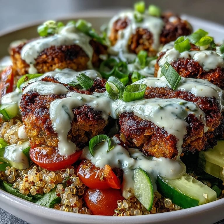 Creamy garlic tahini sauce drizzles over a vibrant Falafel Quinoa Salad Bowl garnished with fresh green onions and parsley.