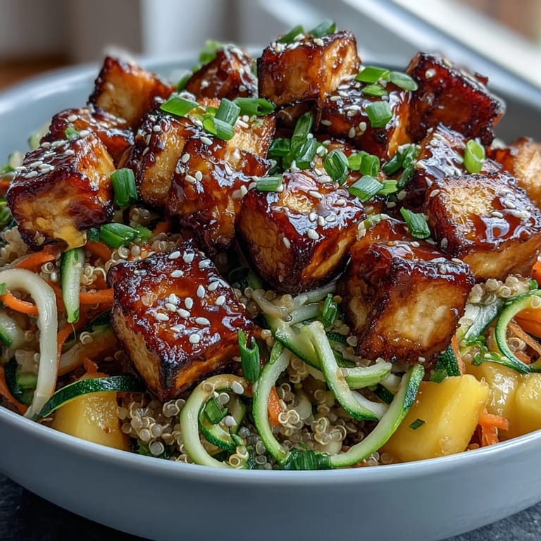 A close-up of a vibrant Easy Teriyaki Quinoa Bowl shows juicy mango and crunchy vegetables tossed in a glossy, homemade gluten-free teriyaki sauce.