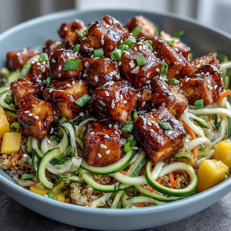 Healthy Easy Teriyaki Quinoa Bowl with baked tofu or chicken, spiralized veggies, and sweet mango, drizzled with savory sauce for a quick dinner.