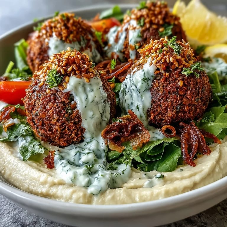 Falafel Bowl topped with tangy tzatziki, red onions, carrots, and toasted sesame seeds for a Mediterranean-inspired meal.
