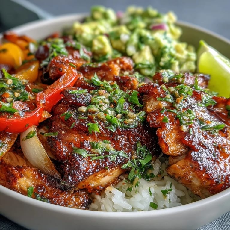 Close-up of Sheet Pan Chicken Tinga Bowl, featuring juicy chicken thighs and chunky avocado salsa garnish.
