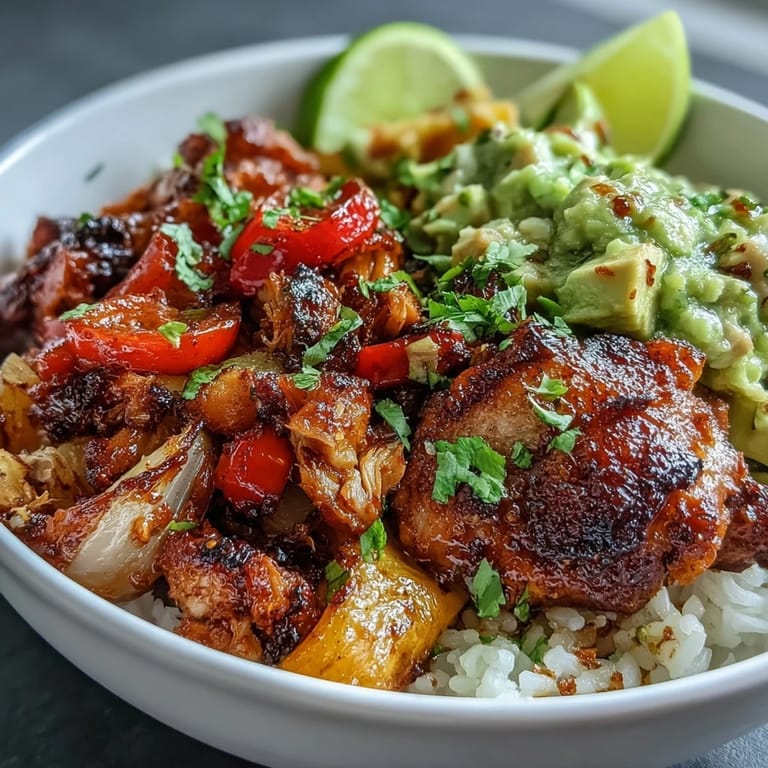 Fluffy white rice topped with smoky chipotle chicken and roasted vegetables for Sheet Pan Chicken Tinga Bowl.