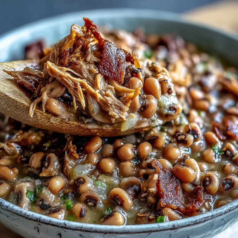A spoon lifts tender, slow-cooked Black-Eyed Peas with Smoked Turkey in a rustic bowl beside golden cornbread.