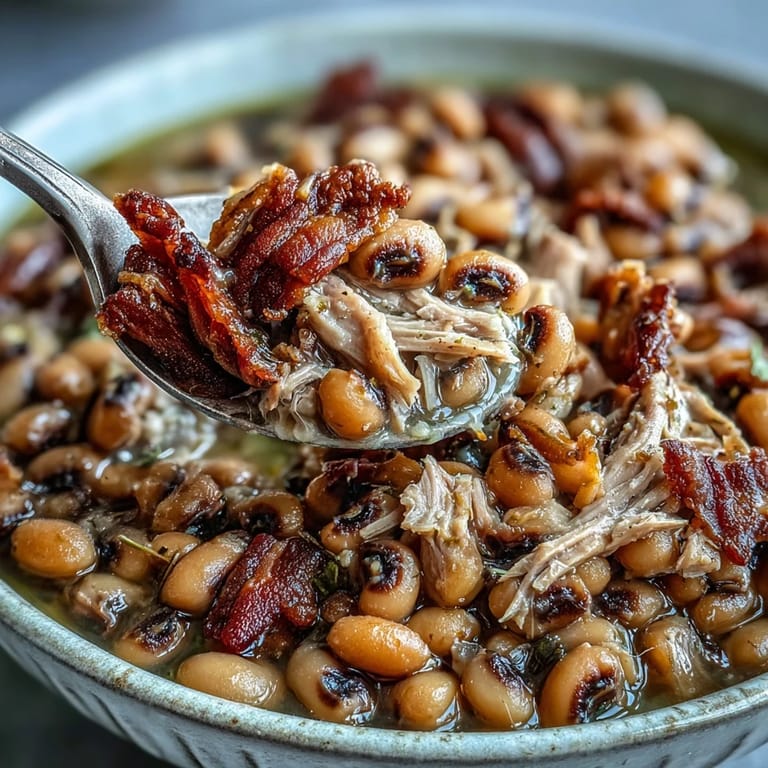 Southern-style Crock-Pot Black-Eyed Peas with Smoked Turkey topped with shredded meat, steam rising in a cozy kitchen.