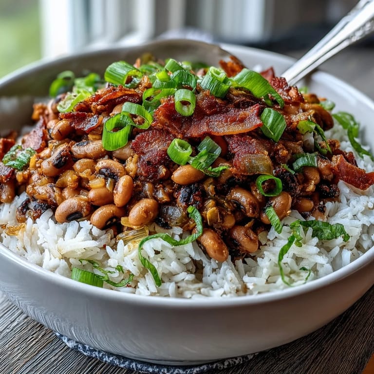 Comforting bowl of Hoppin' John with smoky black-eyed peas and bacon, ready to be topped with hot sauce for a spicy kick.