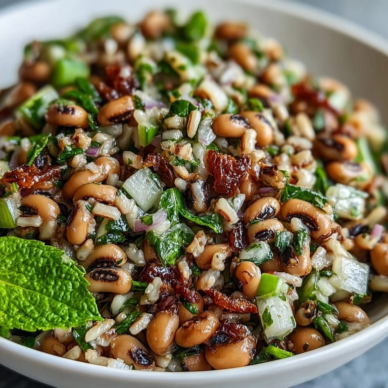 Southern Black Eyed Pea Salad in a glass serving bowl, ready for a summer gathering with fresh mint and vibrant veggies.