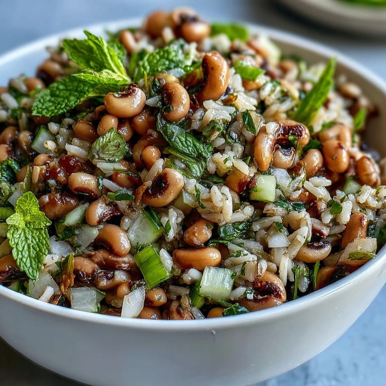 A chilled bowl of Southern Black Eyed Pea Salad with nutty brown rice and crisp vegetables, tossed in a sunny lemon dressing.