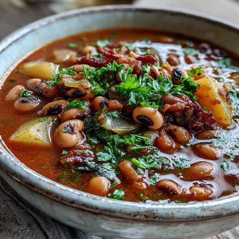 Ladle of Black-Eyed Pea Stew with Chefs Touch served over fluffy rice with crusty bread on the side.