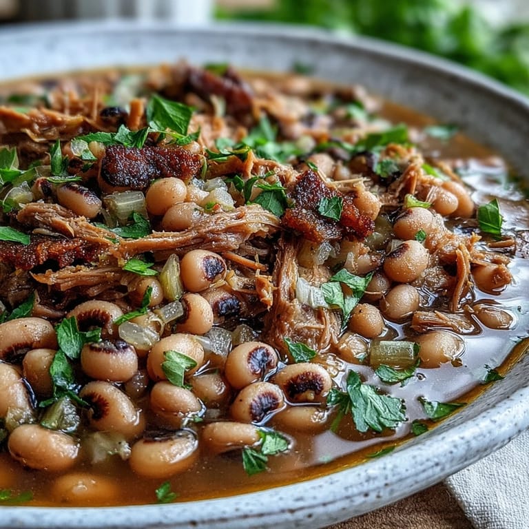 Tender Classic New Years Black-Eyed Peas simmered with smoked pork neck bones, onions, and Creole spices in a pot.