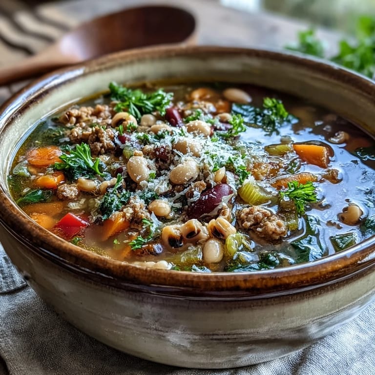 Steaming Black-Eyed Peas and Sausage Soup in a Dutch oven with carrots and celery.