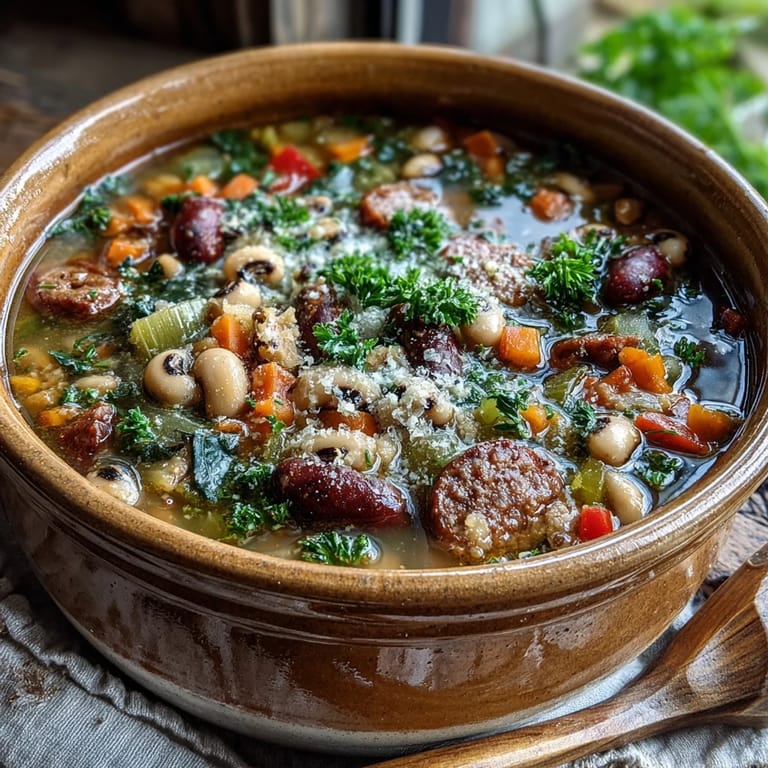 Black-Eyed Peas and Sausage Soup served in a white bowl with crusty bread.