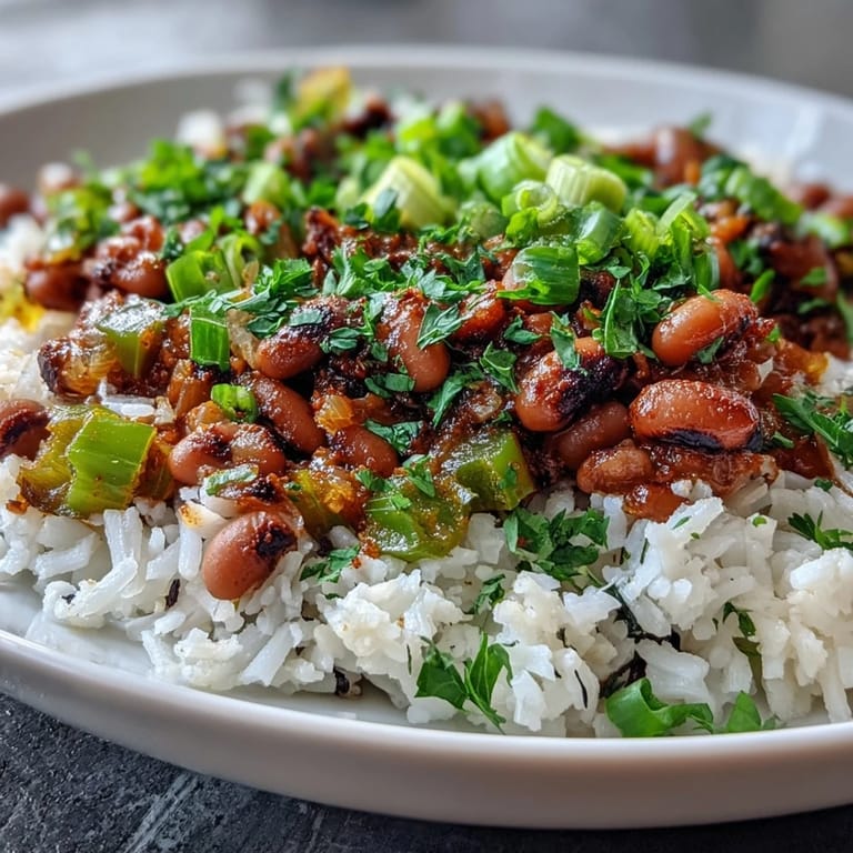 Close-up of Vegetarian Hoppin John revealing tender legumes, diced peppers, and chopped green onion garnish.