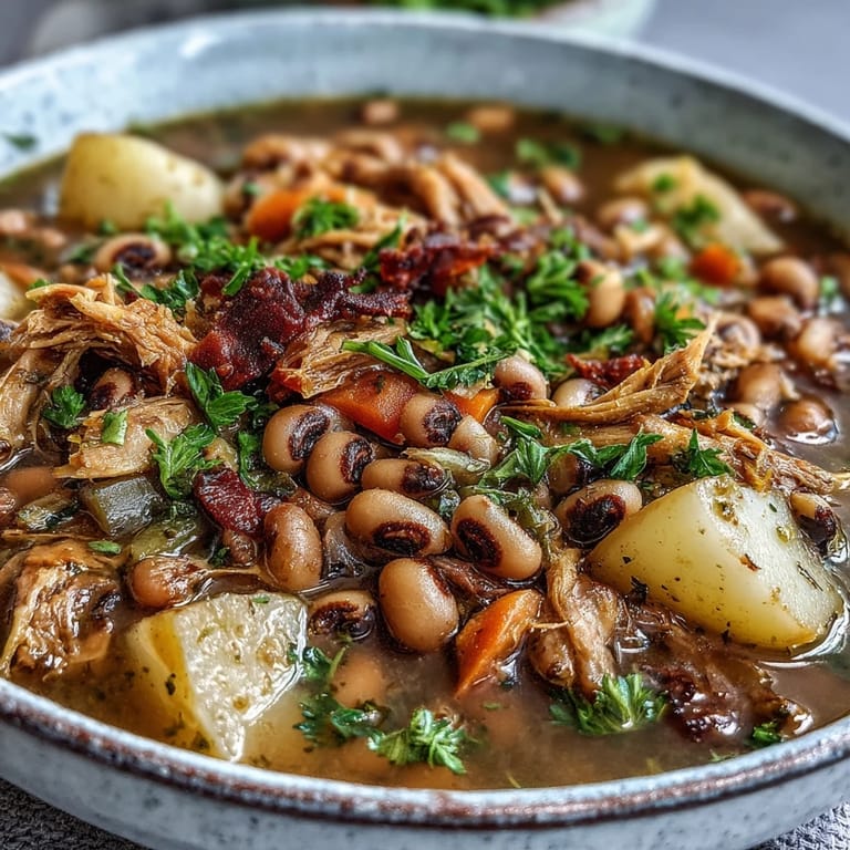 A close-up on tender black-eyed peas and shredded smoked ham hocks simmered in a rich, savory tomato broth.