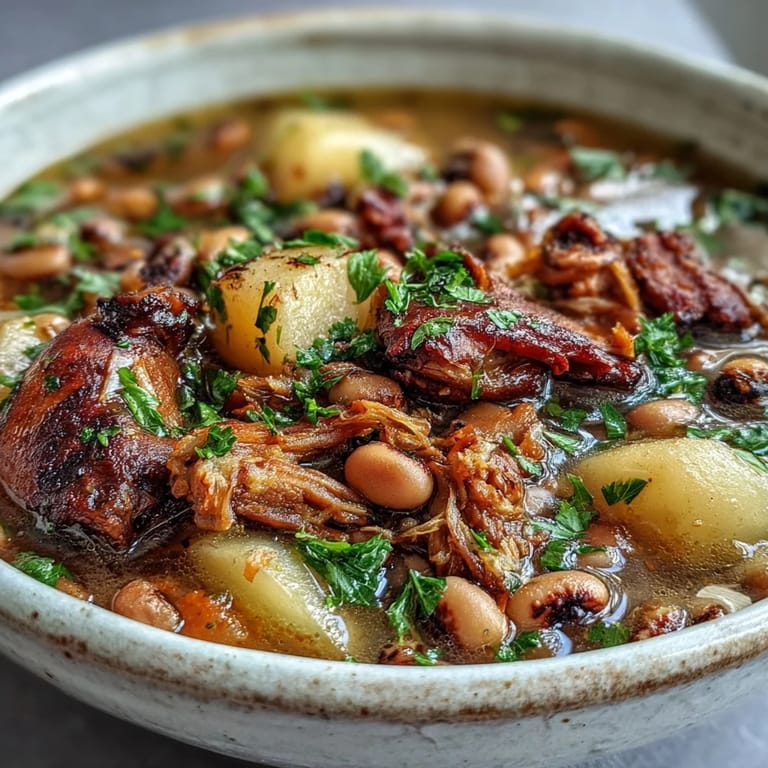 Black-Eyed Pea Stew ladled into a rustic bowl, steam rising from the deep, flavorful broth with vegetables.