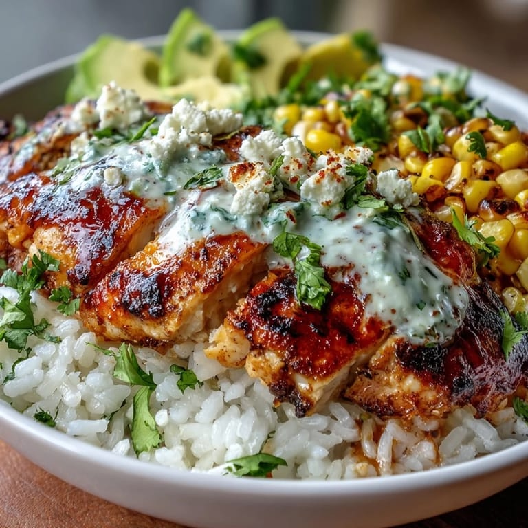 Freshly prepared Street Corn Chicken Rice Bowl garnished with sliced avocado, crumbled Cotija cheese, and a drizzle of creamy Tajín-lime sauce.