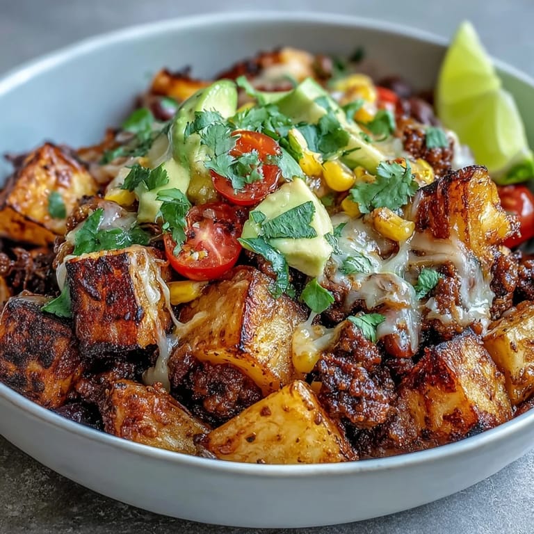 Hearty Loaded Potato Taco Bowl with savory beef, fluffy potatoes, and cheese, ready to serve with chopped cilantro and diced avocado.