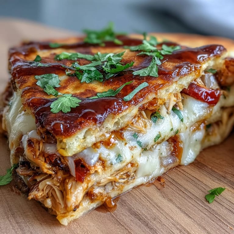 Close-up of a Hot Honey BBQ Chicken Quesadilla showing crispy flour tortilla edges and melted mozzarella cheese on a rustic wooden serving board.