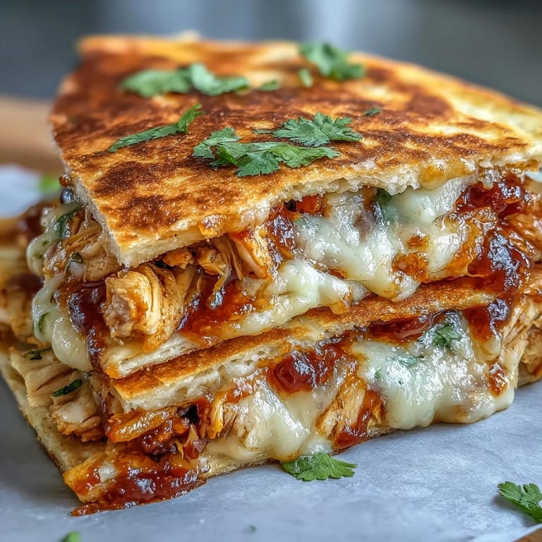 Stacked Hot Honey BBQ Chicken Quesadillas are served with a dollop of sour cream, fresh guacamole, and bright lime wedges on the side.