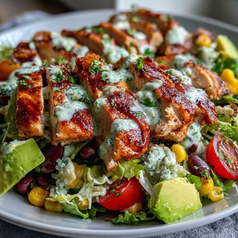 Hearty High Protein Southwest Chicken Salad in a serving bowl, garnished with fresh cilantro and ready to eat for a healthy lunch.