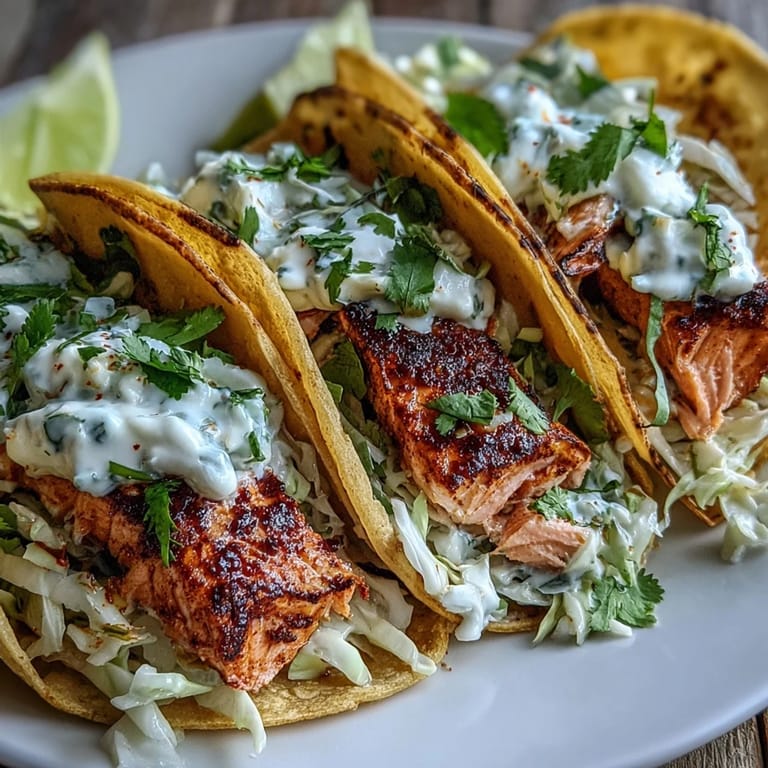 Flaky seasoned salmon fillets in Air Fryer Salmon Tacos With Slaw topped with creamy crunchy cabbage slaw.