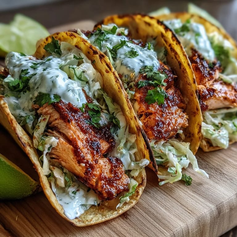 Freshly assembled Air Fryer Salmon Tacos With Slaw served on corn tortillas with a side of lime wedges.