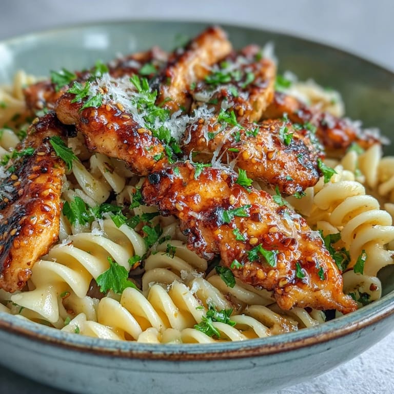 A serving plate of Honey Pepper Chicken Pasta next to a fork and glass of white wine, perfect for a family dinner.