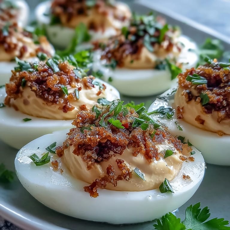 Tangy, creamy yolk filling garnished with fresh scallions, a bold appetizer ready for party platters.