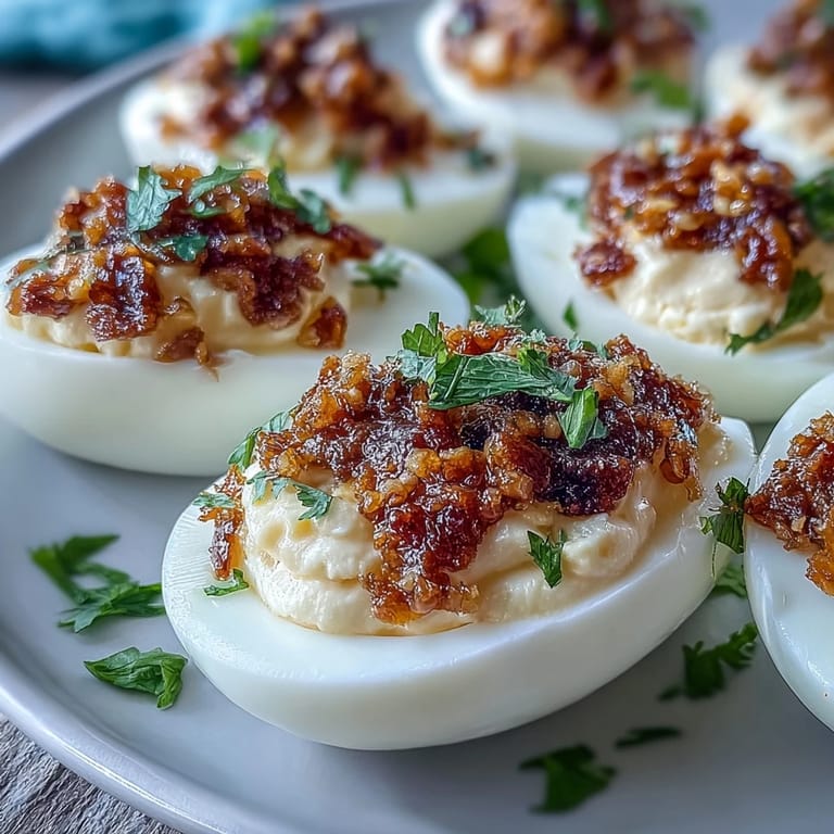 Drizzling spicy chili garlic oil over deviled egg halves for a sizzling, umami-packed garnish.