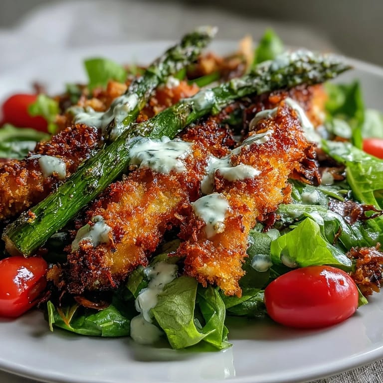 A vibrant plate of Crispy Parmesan Asparagus Chicken Salad featuring crunchy, oven-baked spears atop tender shredded chicken and fresh mixed greens.