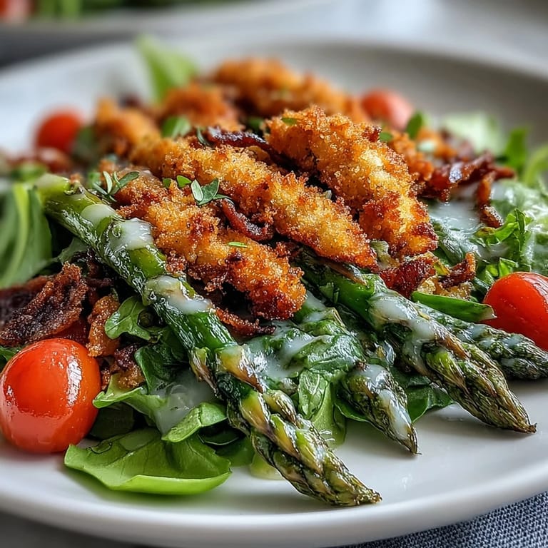 Ready-to-serve Crispy Parmesan Asparagus Chicken Salad with zesty lemon dressing and a side of chilled white wine for dinner.