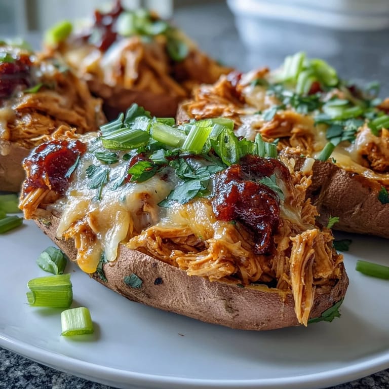 Savory honey BBQ chicken filling spills from fluffy baked sweet potato boats, garnished with green onions and cilantro for a fresh, hearty meal.